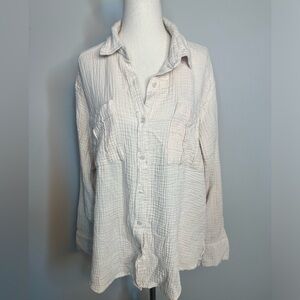 Sz L Fashion Nova cream bone gauze long sleeve button front shirt top
